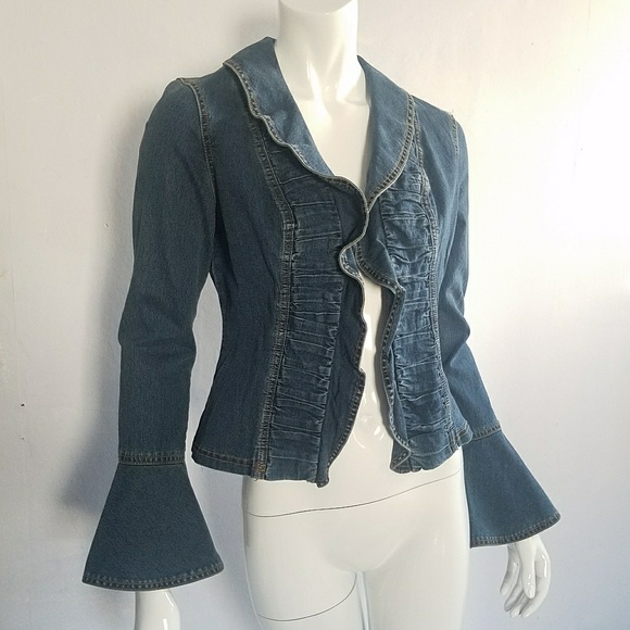 Cache Denim Ruffle Jacket sz 2 - Picture 3 of 5